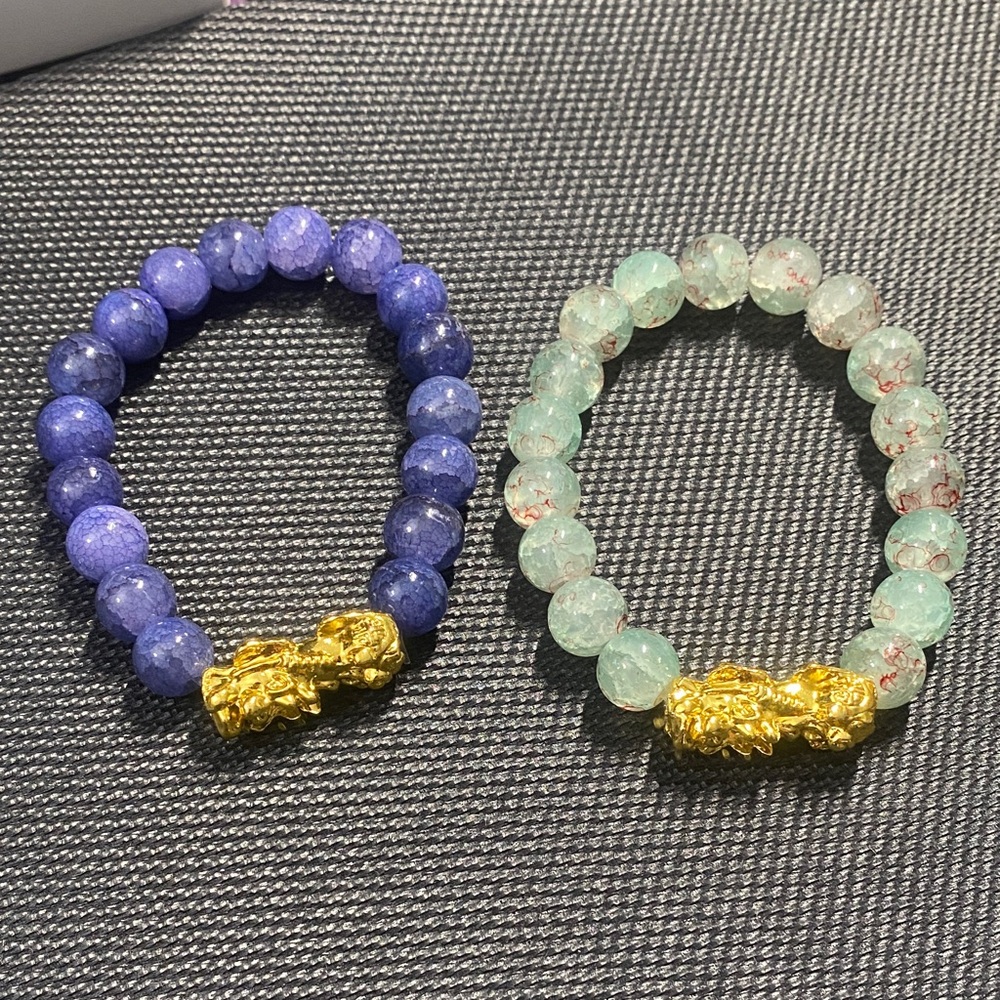 Blue and Green Beaded Bracelets with Gold Accents (Piyao)